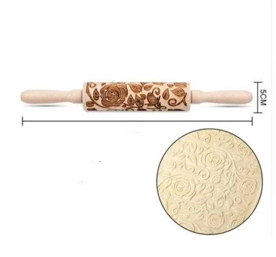 Wooden Christmas embossing rolling pin with non-stick surface for festive baking