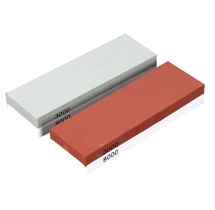 White corundum whetstone with 3000/8000 grit sides, bamboo base, correction stone and accessories for kitchen knife sharpening
