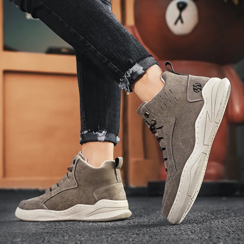 High-top board shoe in khaki with non-slip sole, mesh lining, low heel, round toe, trendy Korean casual style