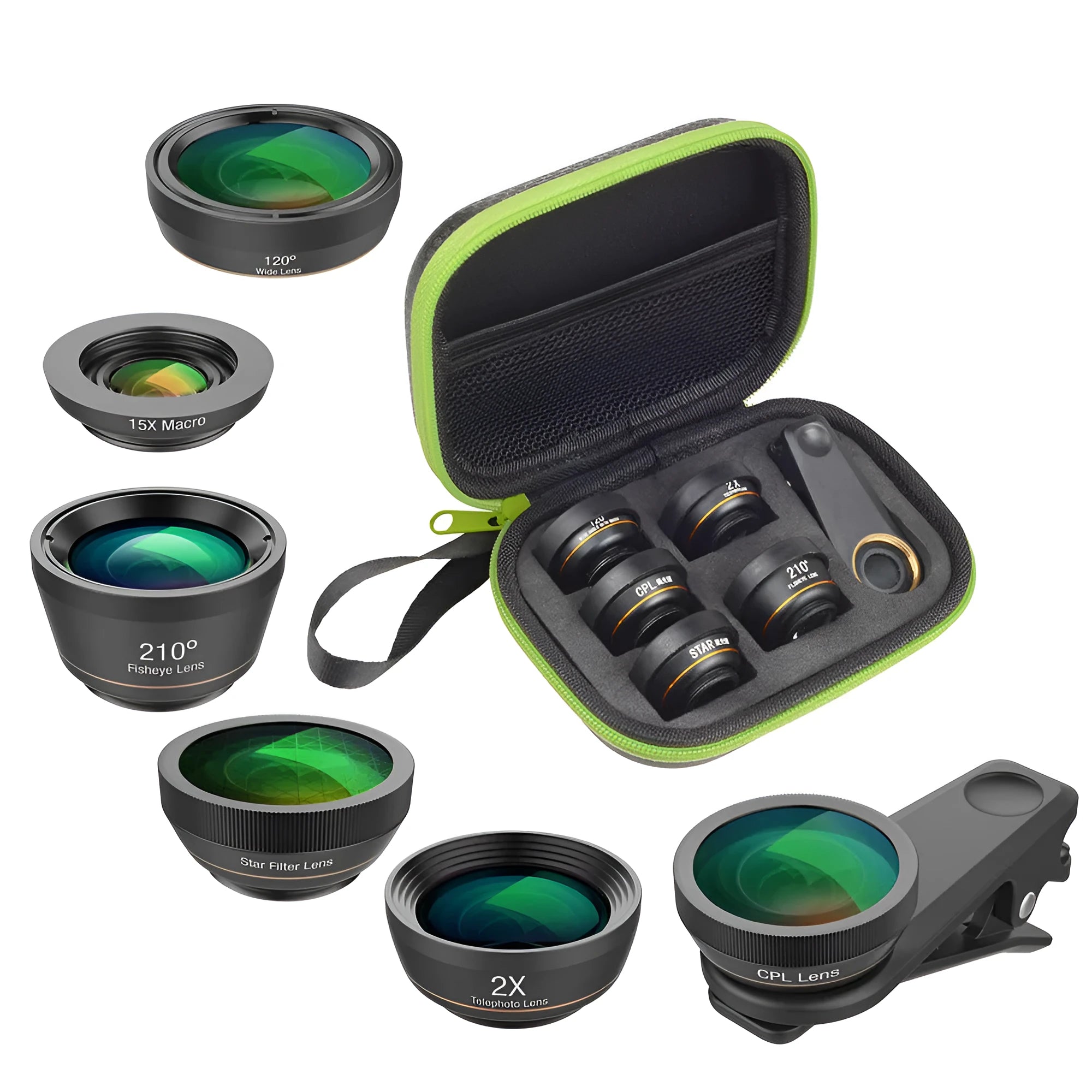 Black 6-in-1 universal smartphone lens kit with fisheye, macro, wide-angle, telephoto, CPL and star filter lenses and a clip.