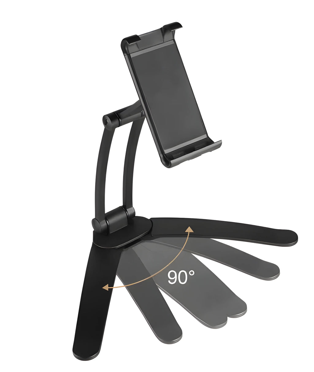 Silver aluminium alloy desktop tablet stand holding a tablet at an adjustable angle