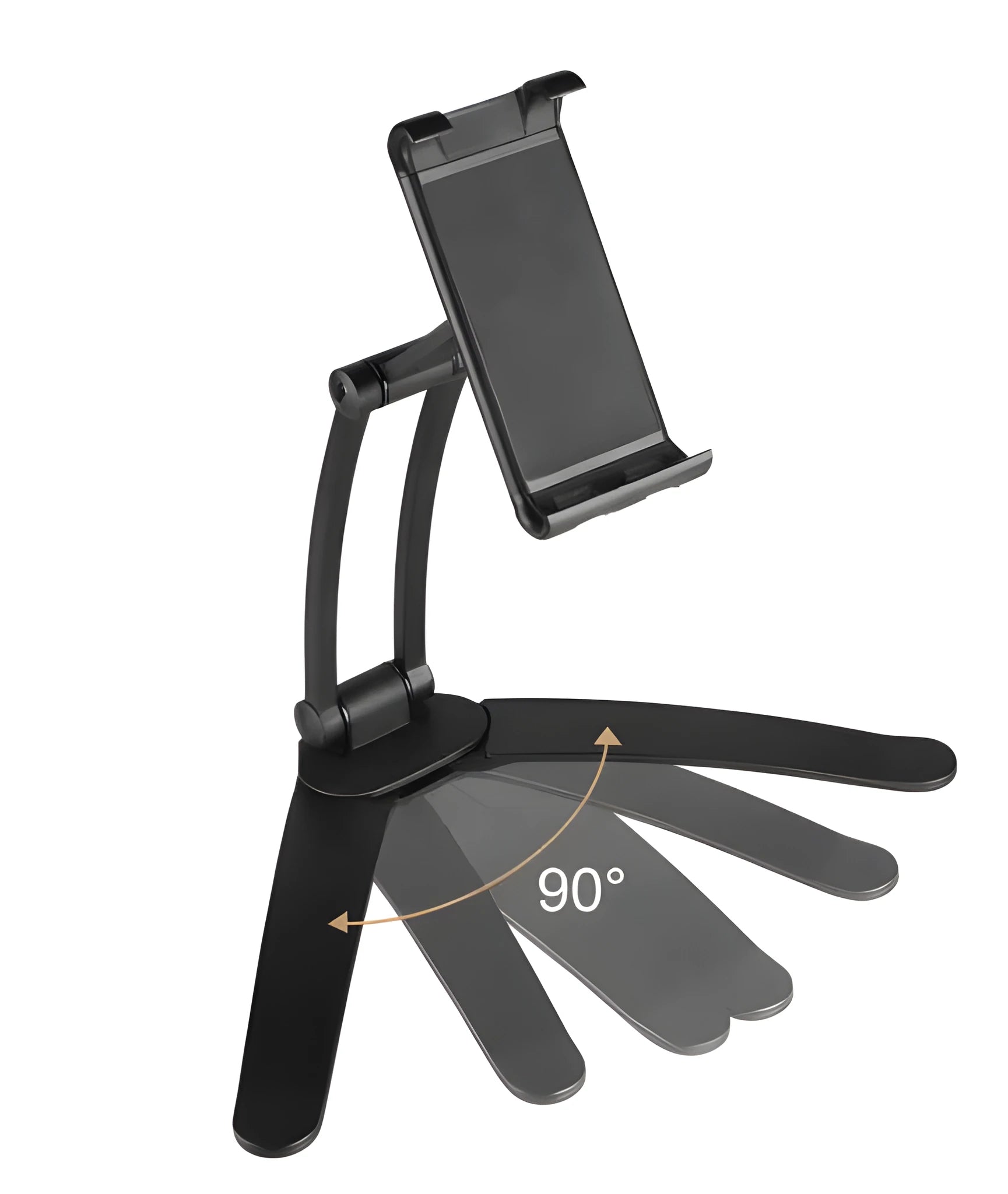 Silver aluminium alloy desktop tablet stand holding a tablet at an adjustable angle