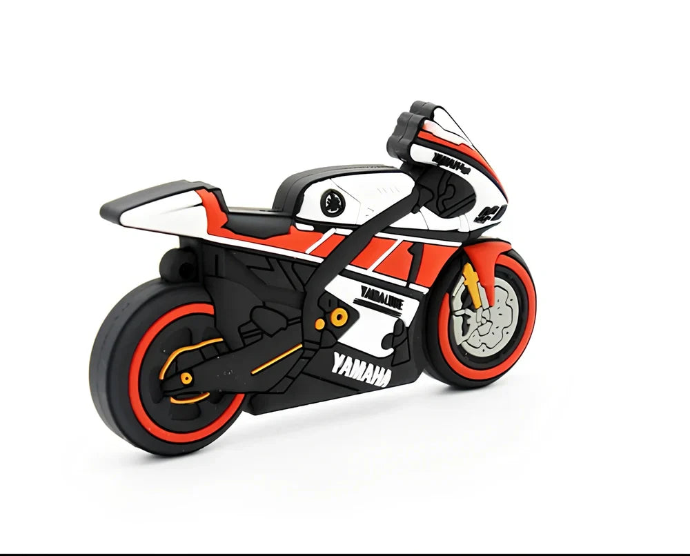 Red white cartoon motorcycle USB drive with 16cm wrist strap, 15g weight, 64GB capacity option