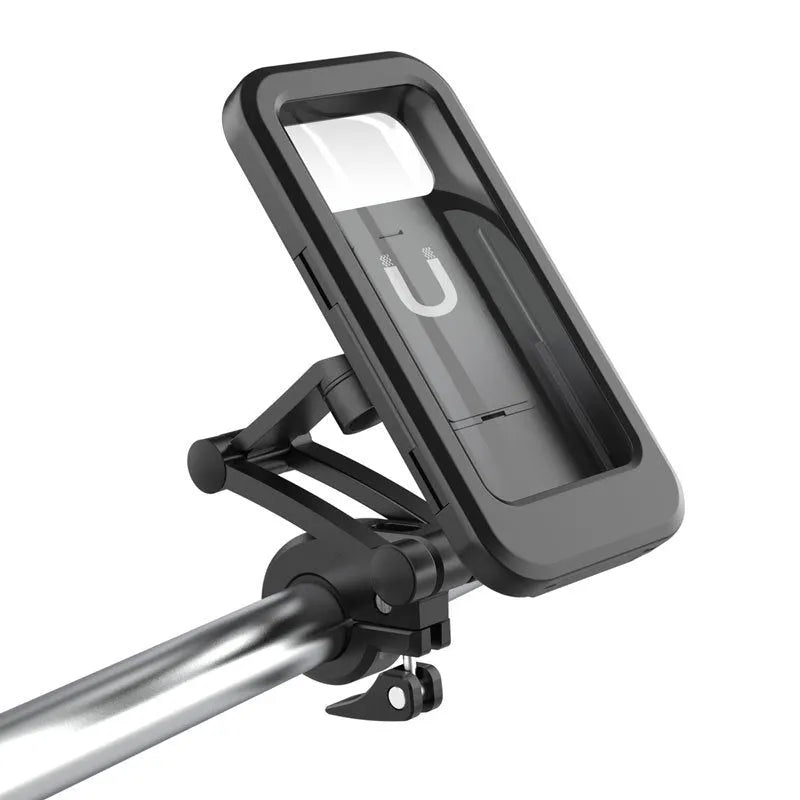 Black adjustable waterproof bicycle phone mount on a handlebar, showing three joints and magnetic phone attachment.