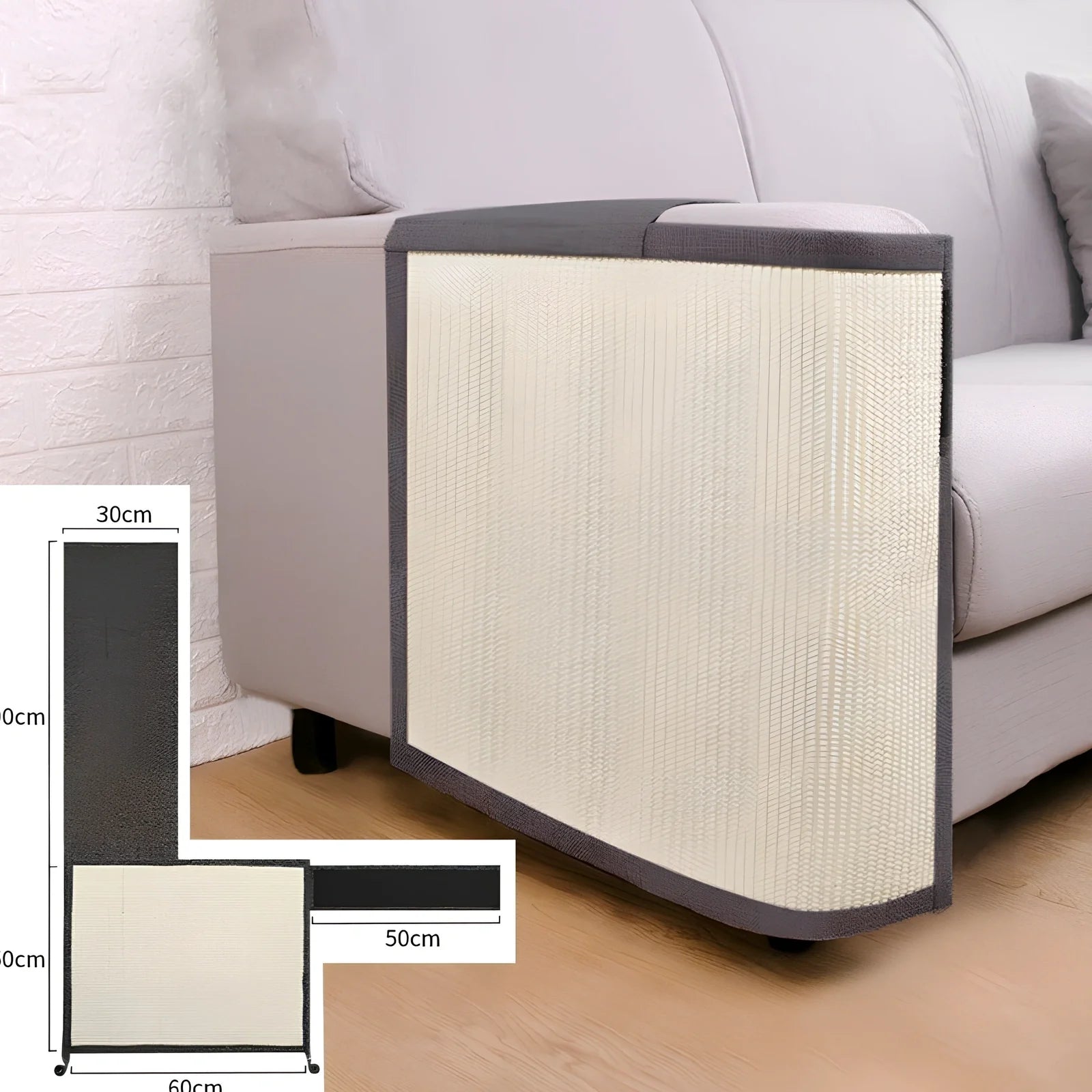 Dark grey cotton linen cat scratcher pad on sofa arm, 50cm wide anti-scratch protection for pet claws