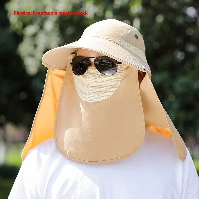 Man wearing a khaki sun hat with a built-in USB-rechargeable fan for face and neck protection.