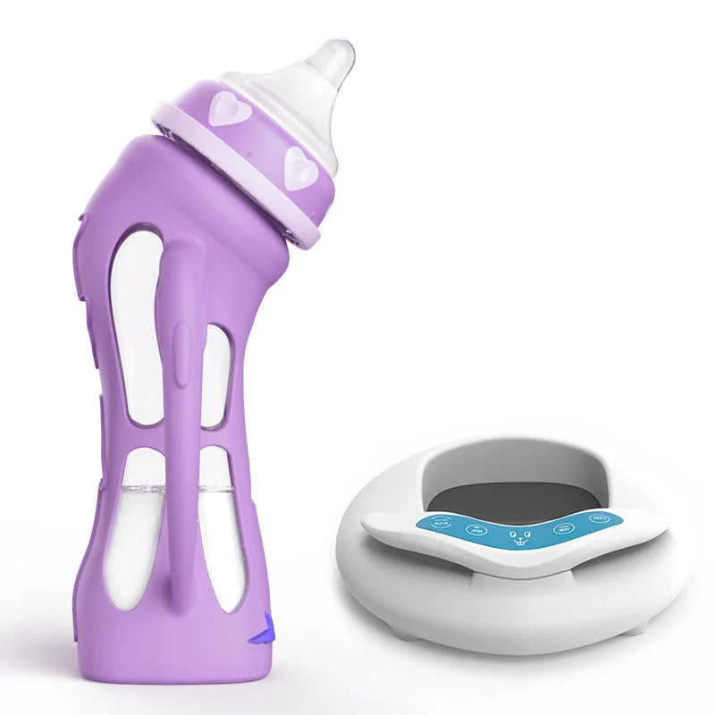 Glass baby bottle with temperature-sensitive silicone sleeve and USB milk warmer in sky blue