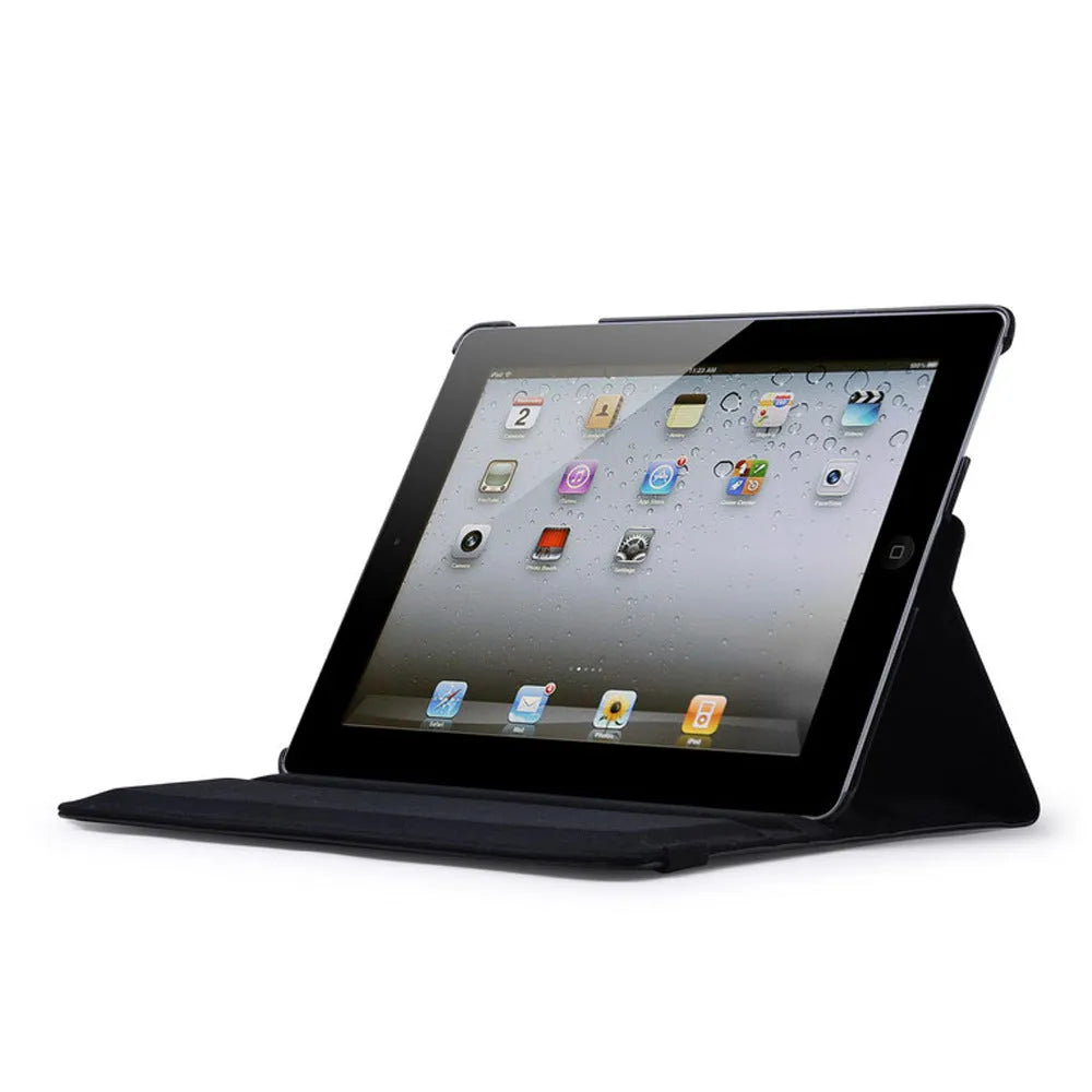 PU leather iPad case in multiple colours showing the rotary stand in an open position.