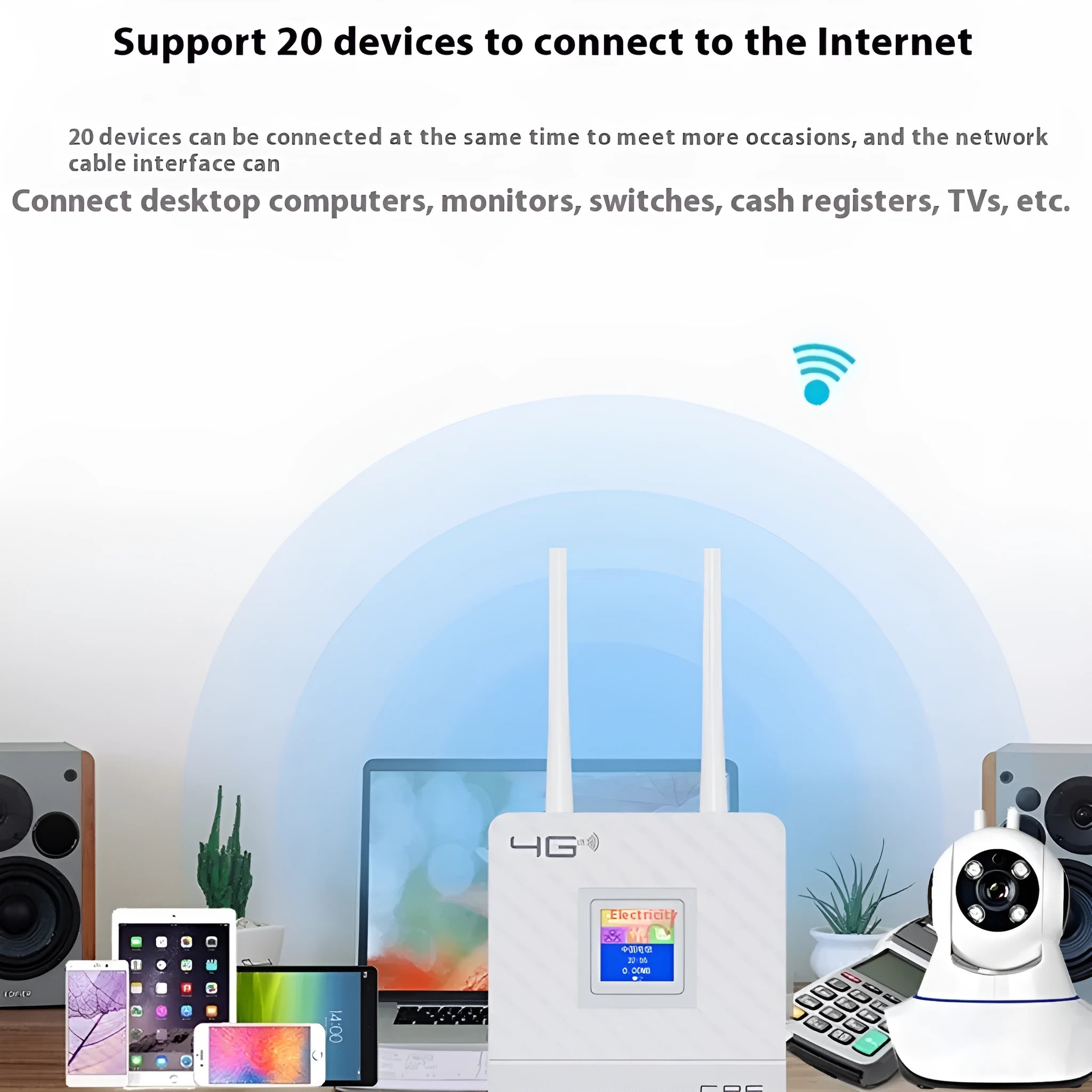 Dual antenna LTE router with USB cable and power adapter for home office shared display connectivity
