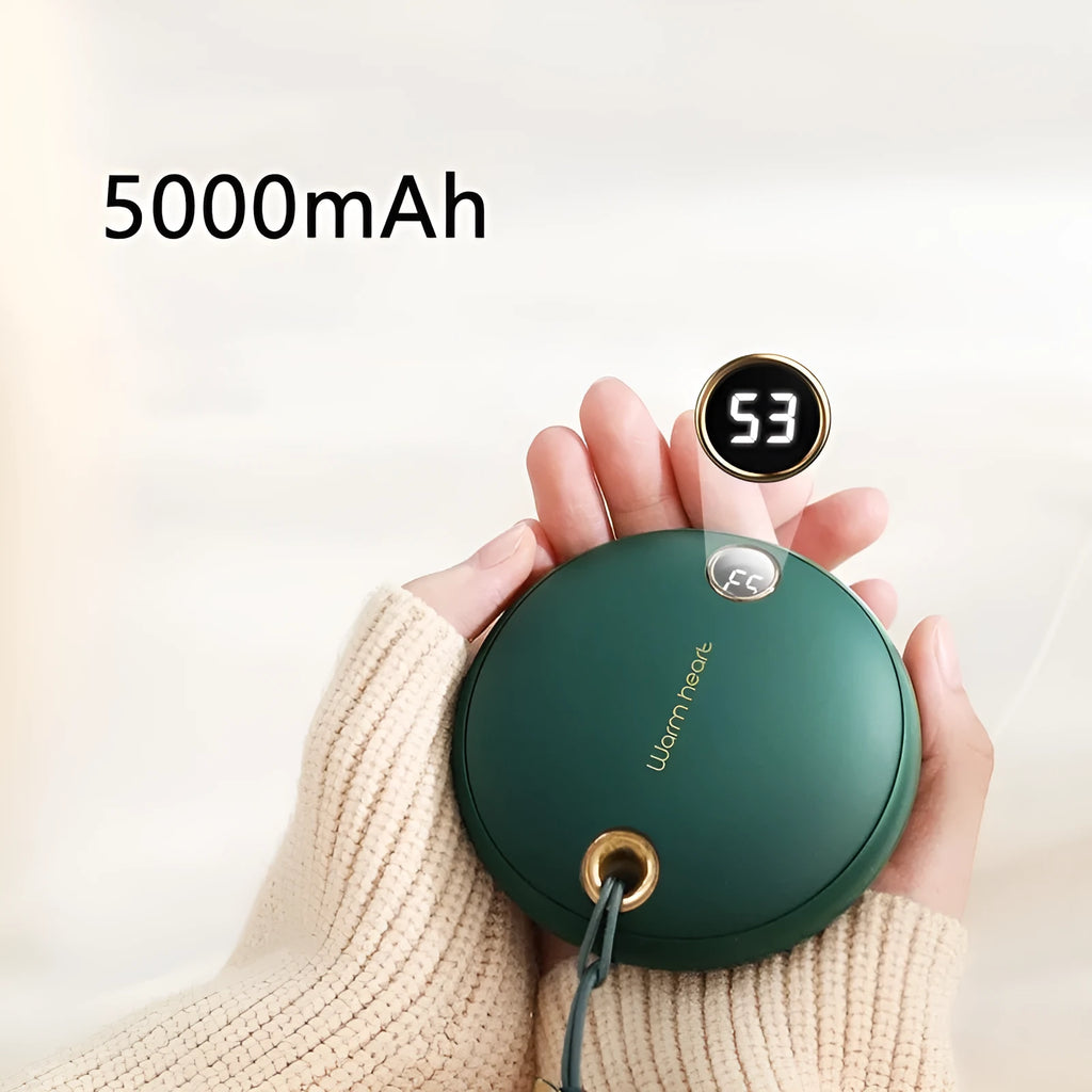 Green hand warmer power bank with digital display showing battery percentage