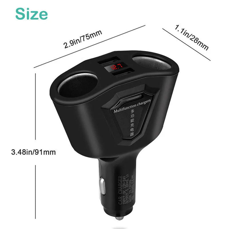 Black dual USB car charger with digital LCD screen showing voltage and current