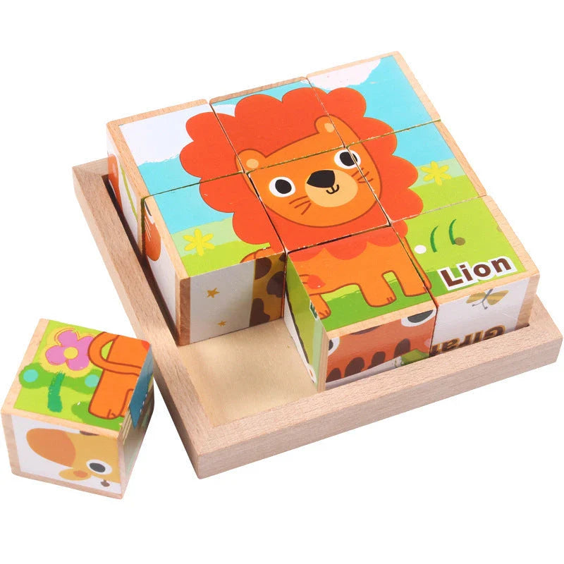 Six-face wooden jigsaw puzzle for children with six unique educational patterns