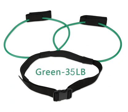 Women's adjustable waist resistance band with colour-coded latex tubes and pedal exerciser foot straps