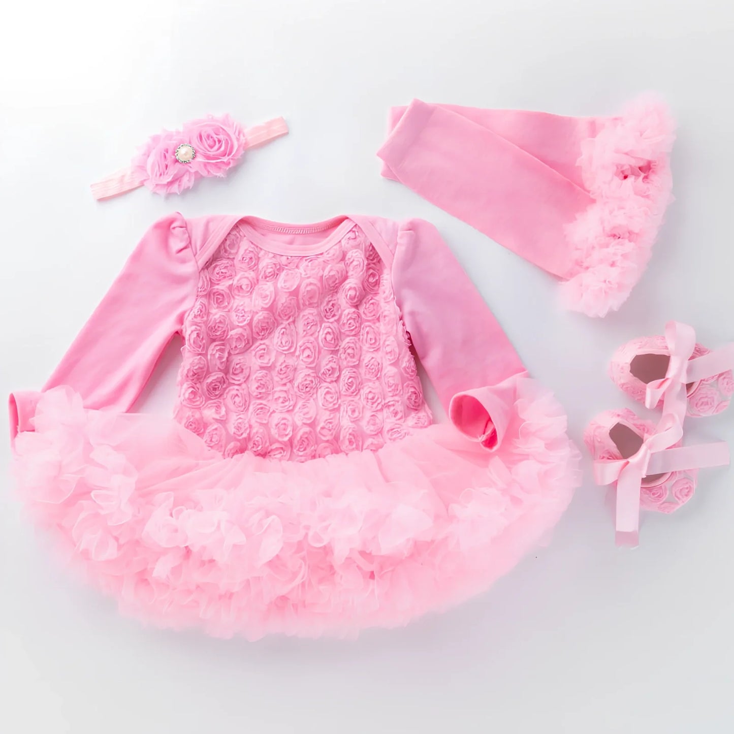 Baby girl long sleeve compound rose romper dress in pink cotton with flowers, size 59-80cm, including shoes and accessories