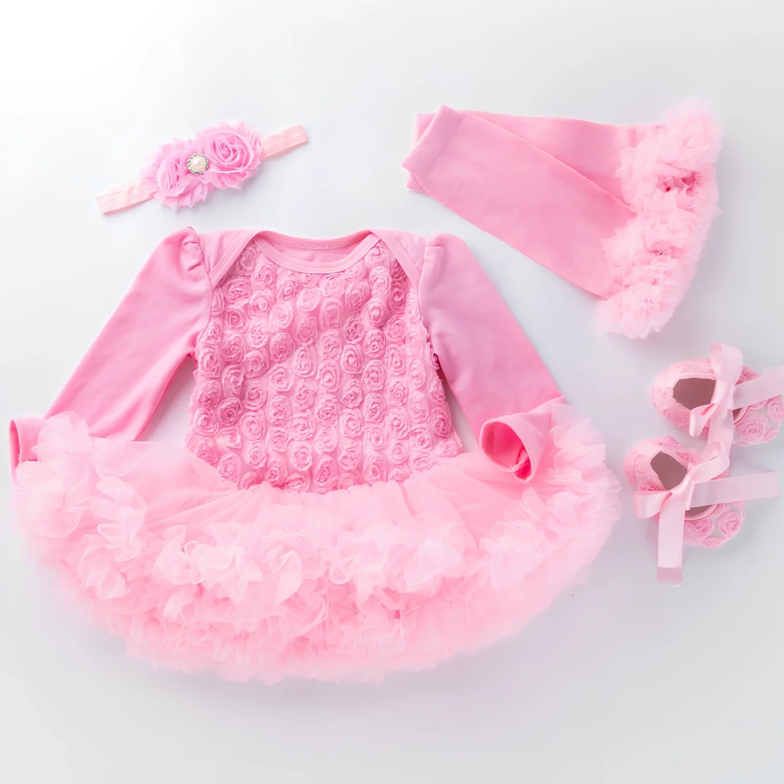 Baby girl long sleeve compound rose romper dress in pink cotton with flowers, size 59-80cm, including shoes and accessories