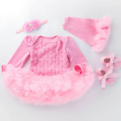 Baby girl long sleeve compound rose romper dress in pink cotton with flowers, size 59-80cm, including shoes and accessories