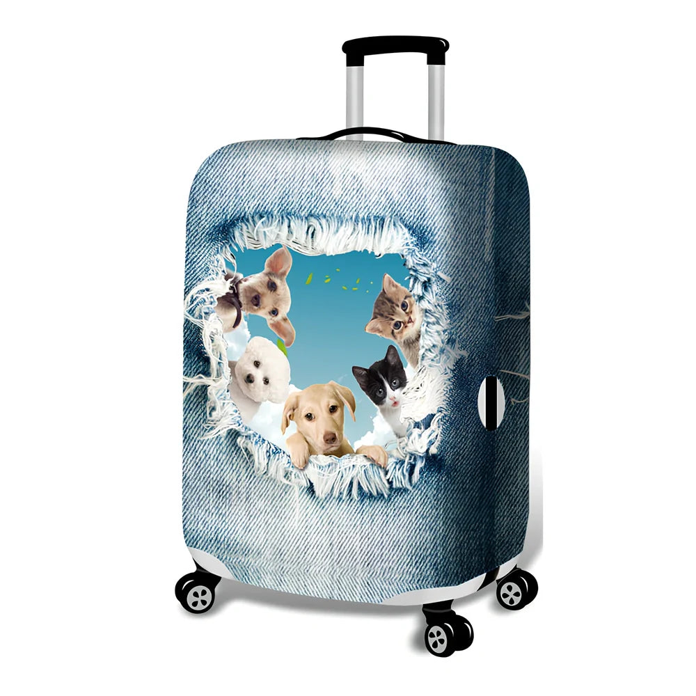 Blue cartoon polyester luggage cover on 24-inch suitcase with pole case, fitting 18-32 inch sizes securely