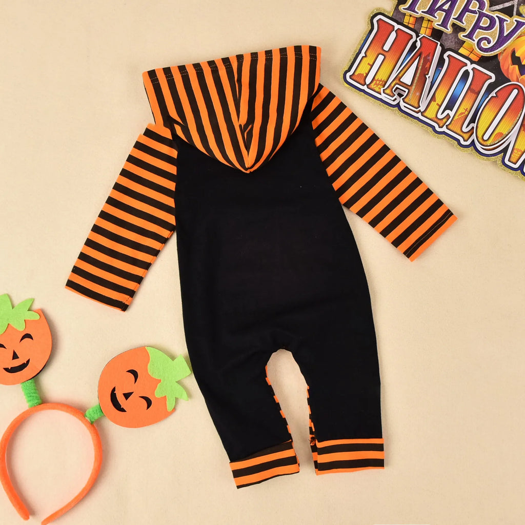 Black cotton hooded Halloween romper for a child, showing long sleeves and full-length legs.