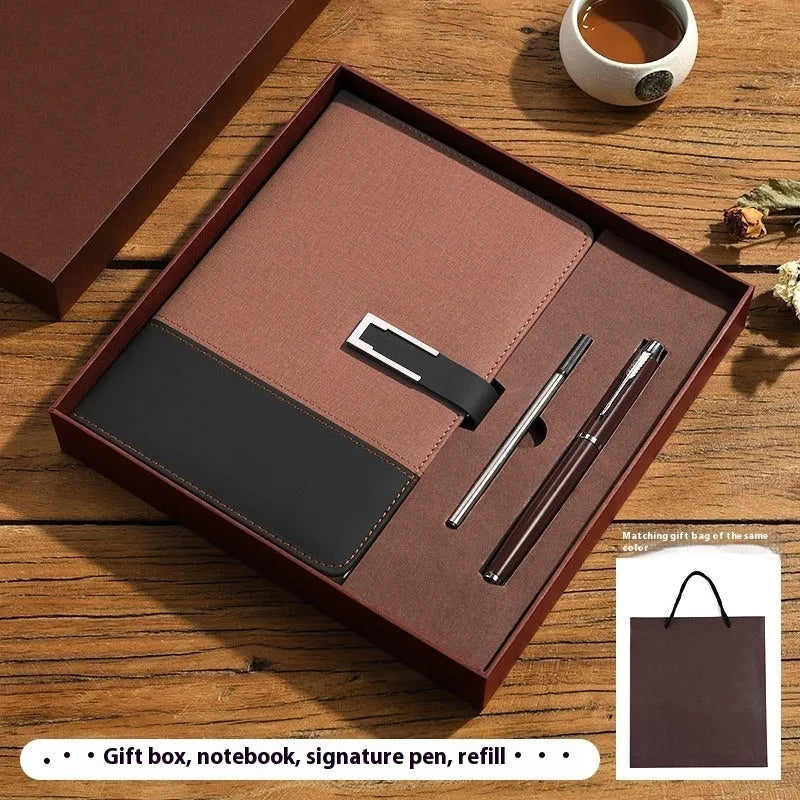 A5 soft PU leather business notebook in choice of five colours, shown with wood-free paper pages and optional gift box.