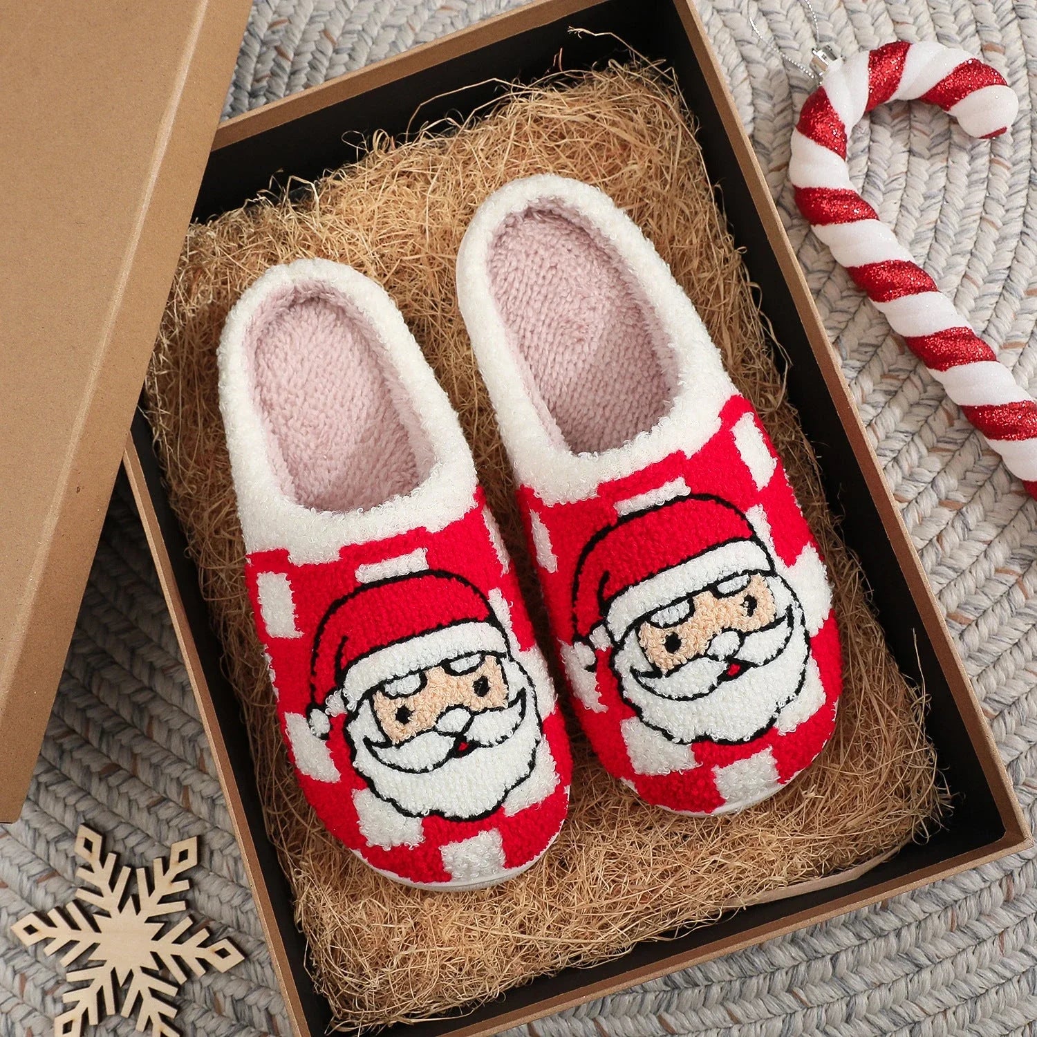 Cozy plaid Christmas slippers for women with non-slip soles and fuzzy, warm interior