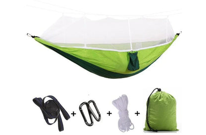 Parachute hammock with mosquito net in various colors and sizes, ideal for outdoor adventures and relaxation