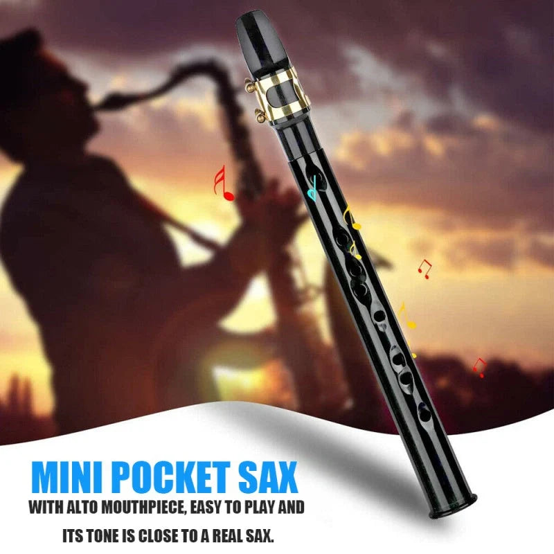 Portable mini saxophone in black with alto mouthpiece, includes velvet bag and reeds