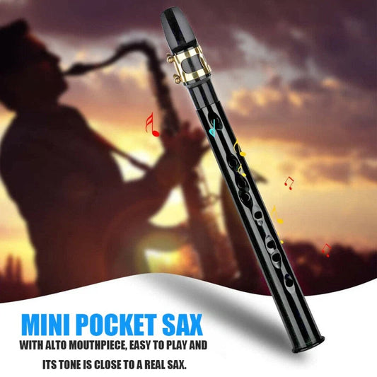 Portable mini saxophone in black with alto mouthpiece, includes velvet bag and reeds