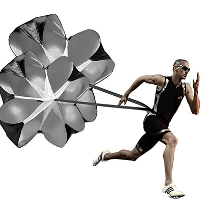 Black 56 inch speed training parachute with adjustable belt providing 15-33 pounds resistance for running