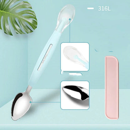 Stainless steel sawtooth scraping spoon for grapefruit and desserts in sky blue, cherry pink, and mint green