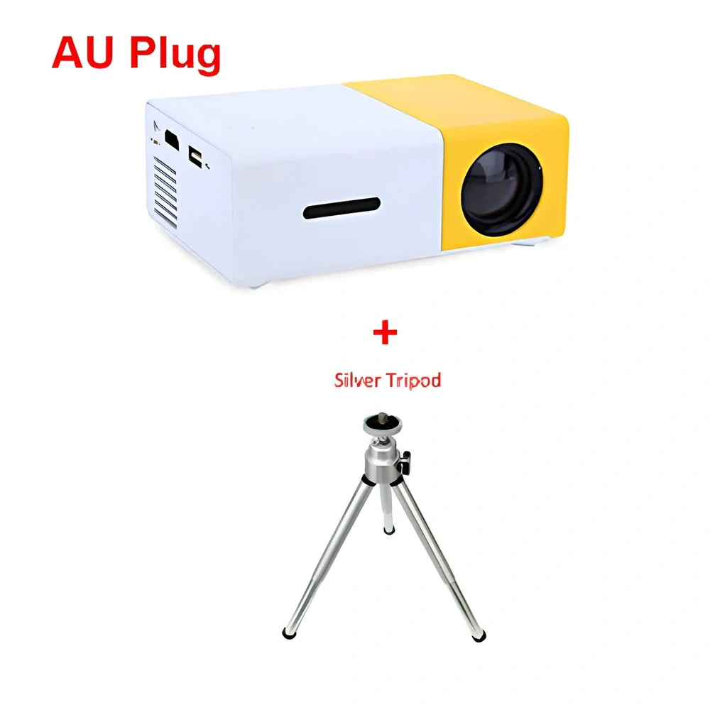 Yellow 1080P LED mini projector with HDMI ports, projecting 80-inch image from 1.2m distance