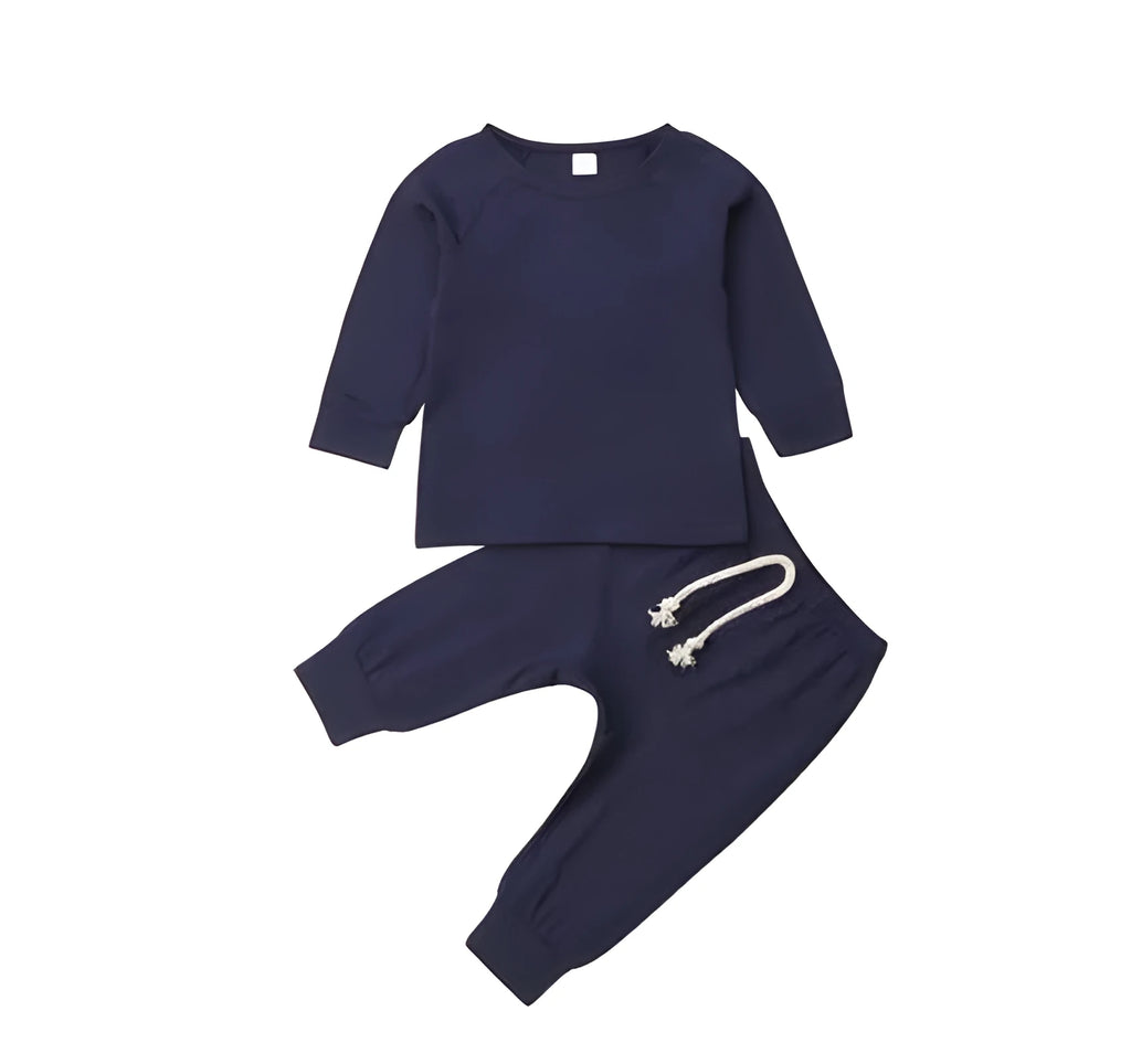 Blue cotton baby tracksuit romper set with cartoon pattern, shown on a hanger.