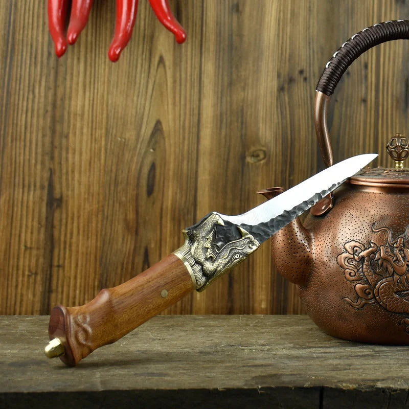 Hand-forged slicing knife with rosewood handle and leather case