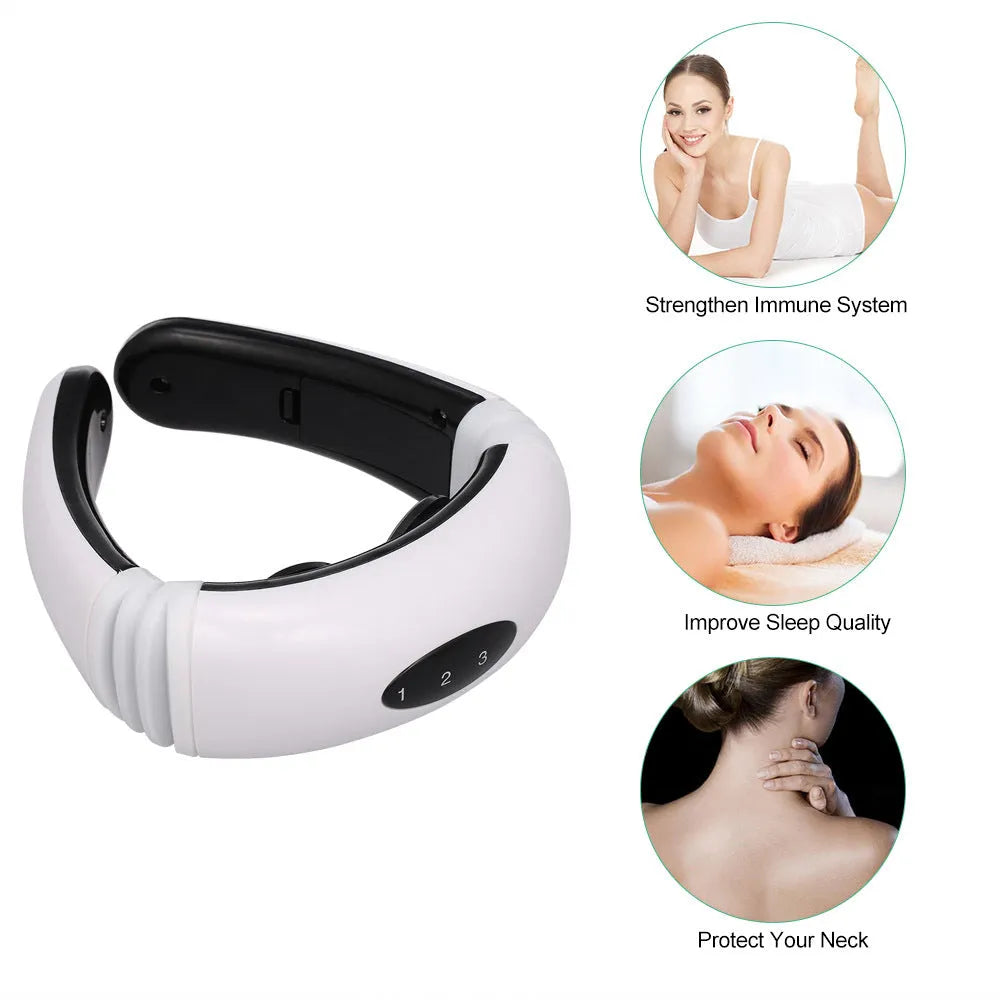 Cervical massager with 6 modes, white colour, ABS and gel construction, compact neck massage device