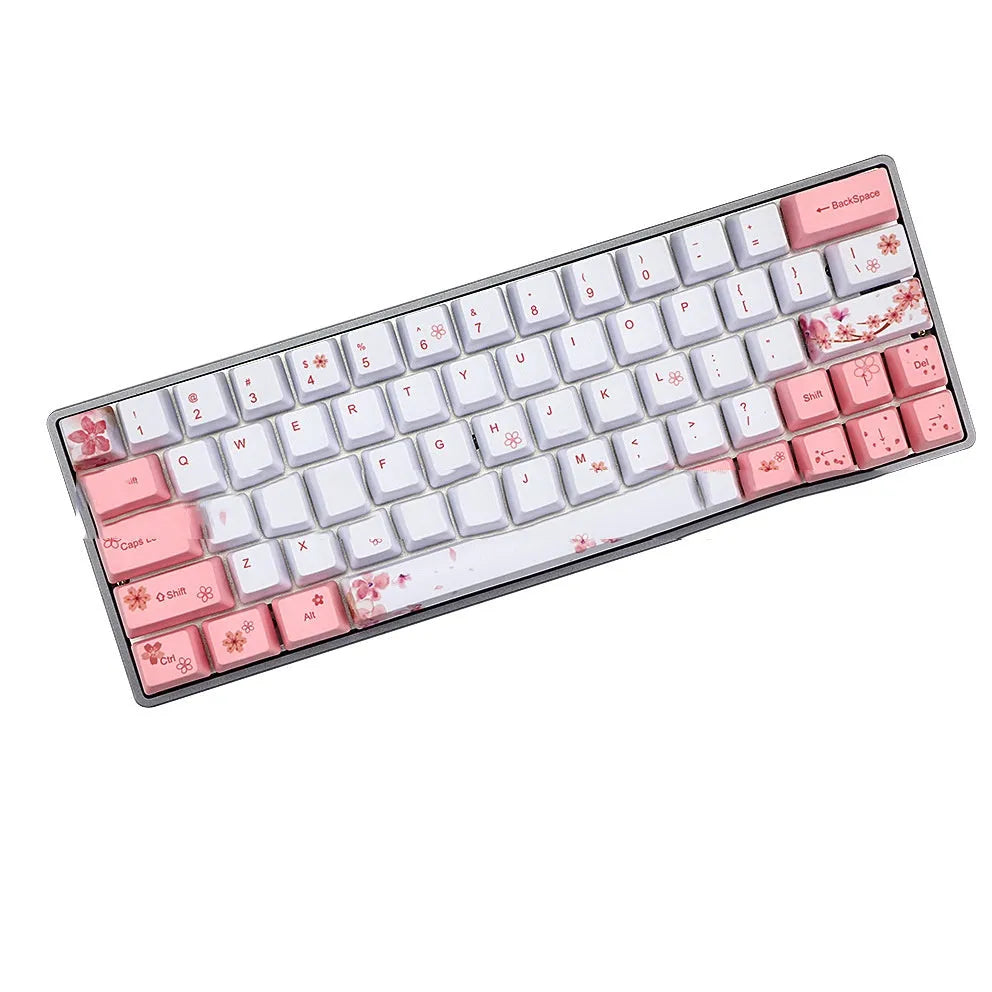 Pink PBT mechanical keyboard keycaps with five-sided sublimation print, shown on a white background.