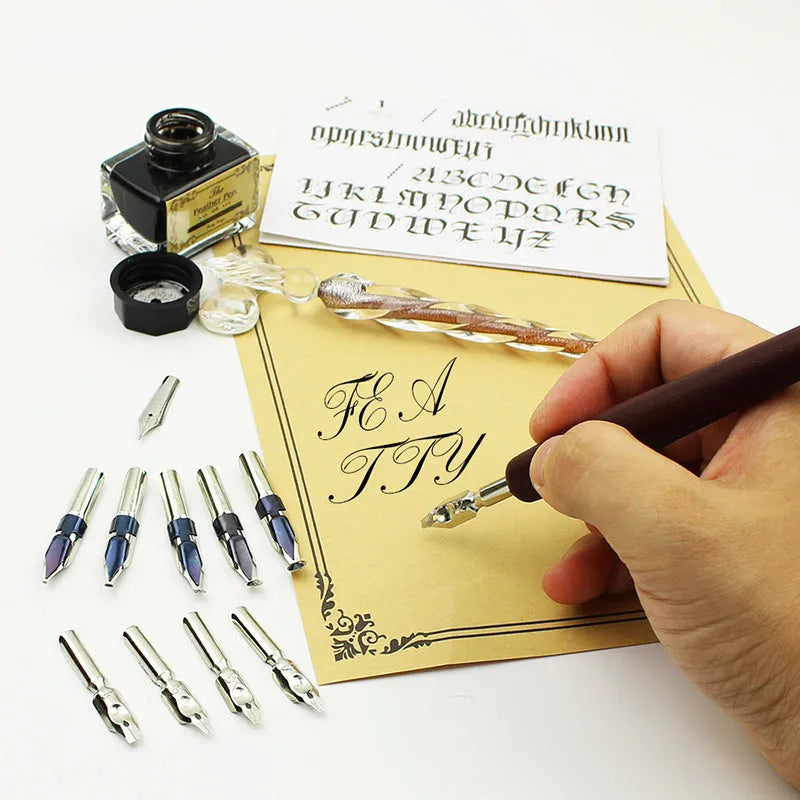 Handmade crystal glass and wooden dip pen set in gift box with stainless steel nib, retro design for calligraphy