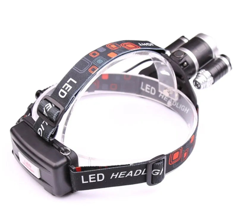 Gold aluminium LED head torch with adjustable focus, shown on a head strap with 18650 batteries.