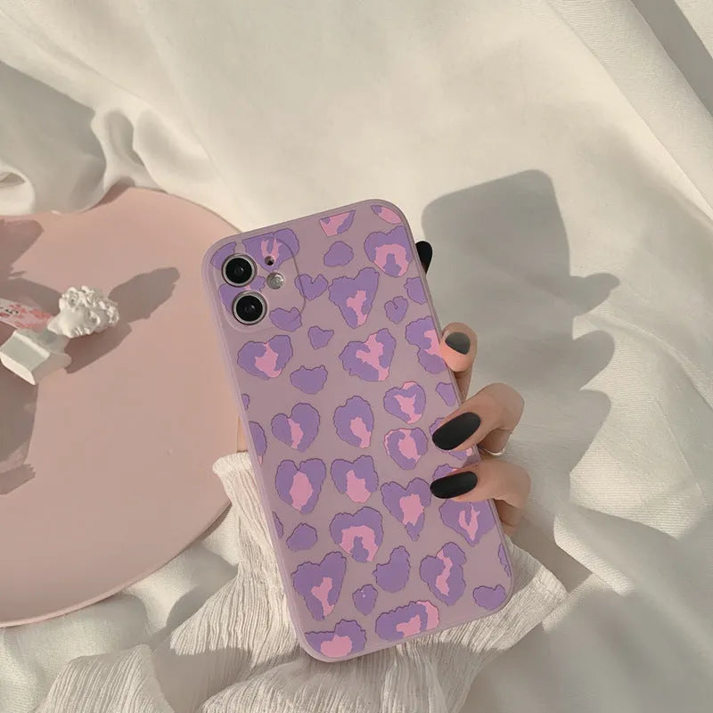 Frosted silicone phone case with purple leopard print and geometric design for Apple iPhone