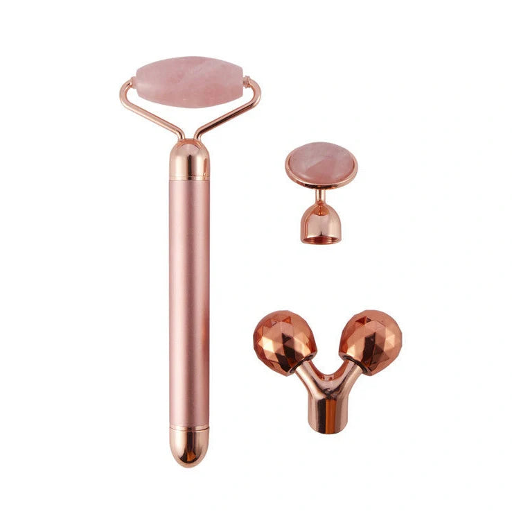 3-in-1 vibrating facial jade roller set with rose quartz stone and 3 replaceable heads