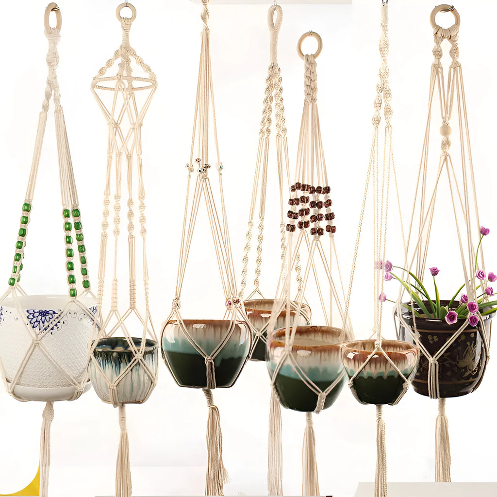 Natural jute cotton rope woven macramé plant hanger in a layered design for wall or ceiling hanging.