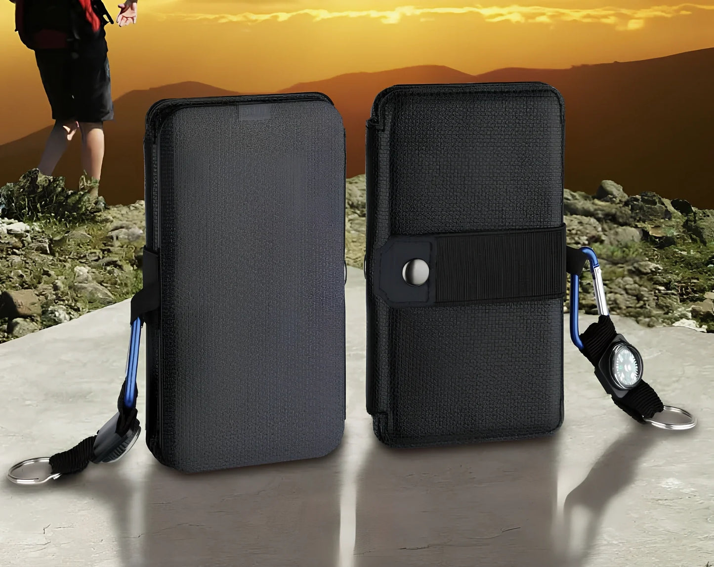 8W folding solar charger with expanded monocrystalline panel showing USB output port