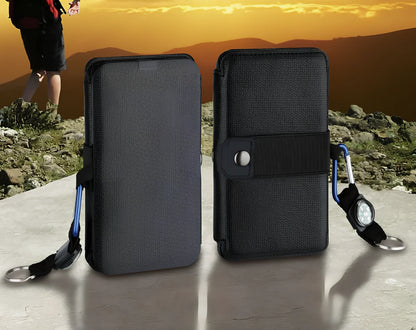 8W folding solar charger with expanded monocrystalline panel showing USB output port