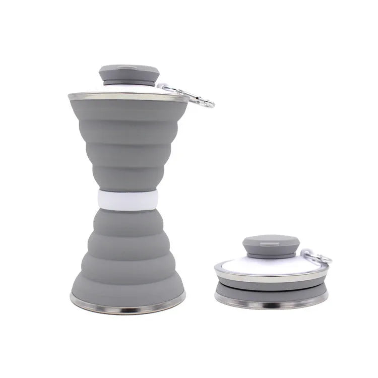 500ml collapsible silicone travel cup shown folded and unfolded with hanging rope and stainless steel rim