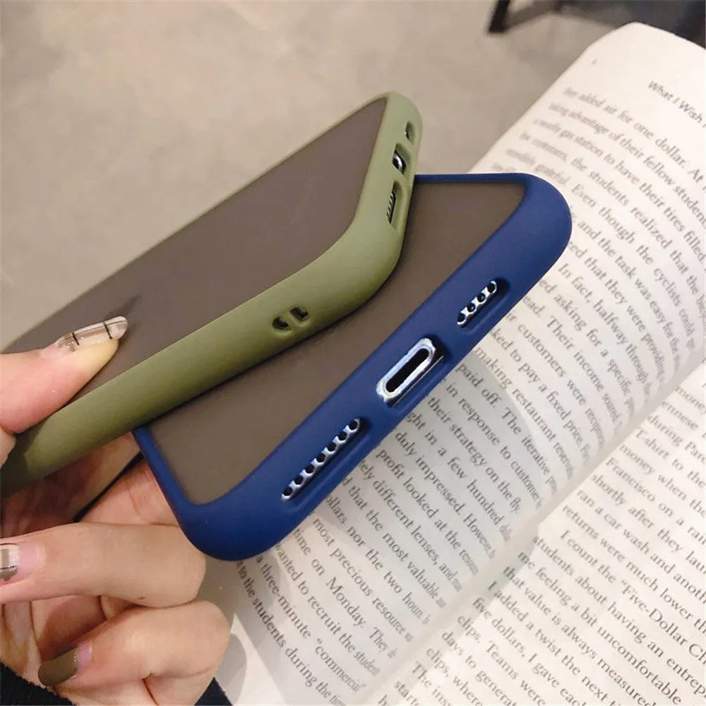 Solid colour silicone shockproof iPhone case with transparent design showing TPU frame and PC back panel