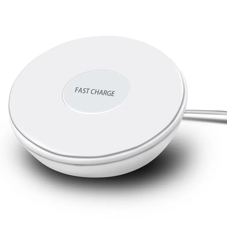 White wireless phone charger with LED digital clock display and three control buttons on the front.