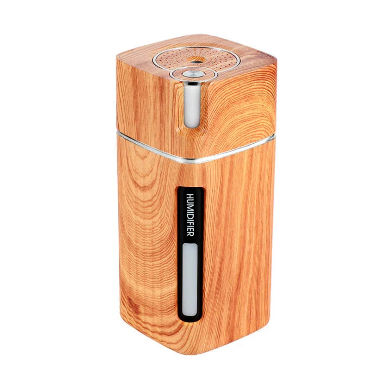 Versatile wood grain ultrasonic humidifier with aroma diffuser, LED light, and compact design