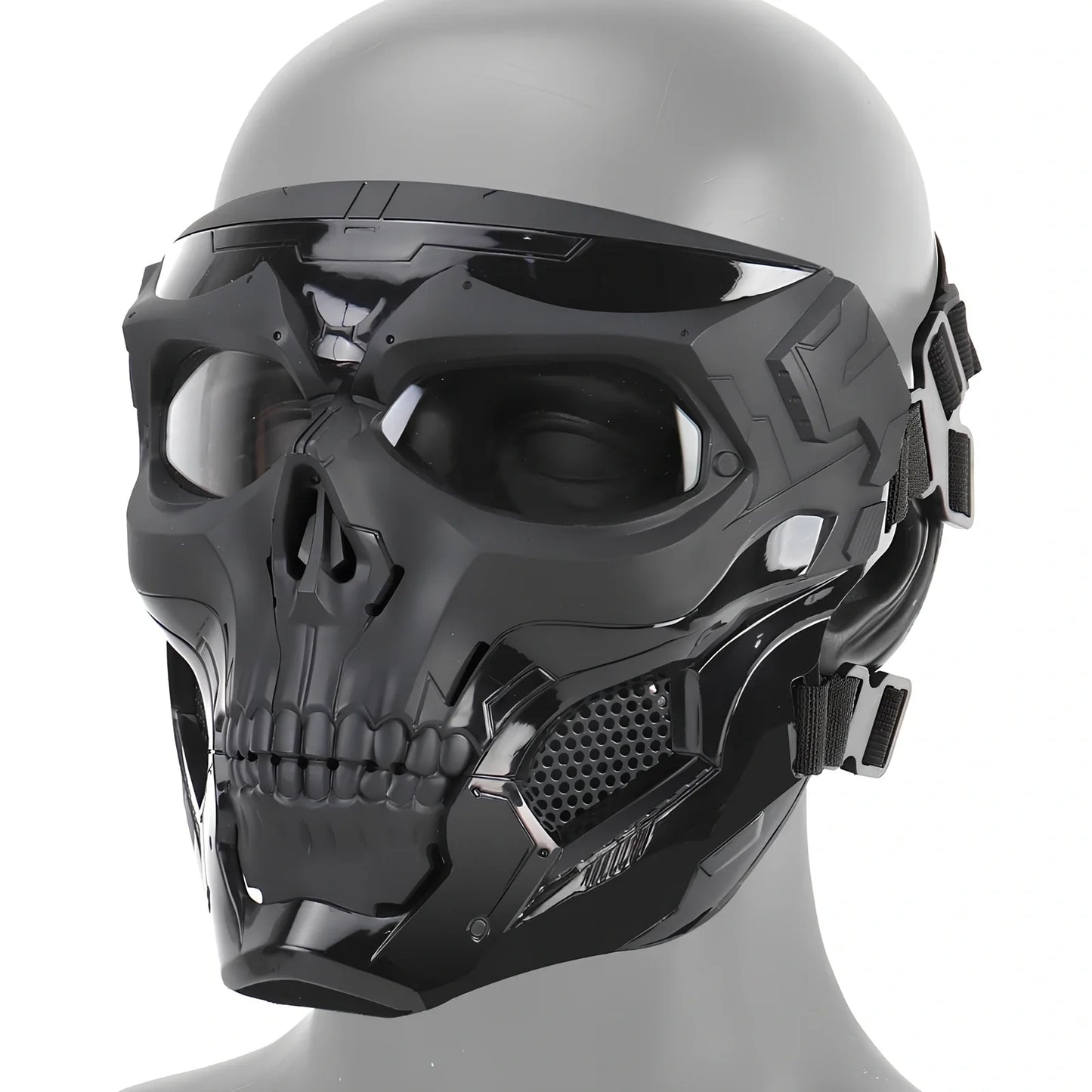 Black skull horror helmet mask 19x18cm with transparent PC goggles and adjustable bands for airsoft protection