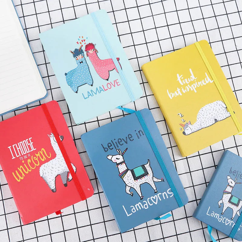Alpaca cartoon design notebook in A5, A6, and A7 sizes with yellow paper pages.