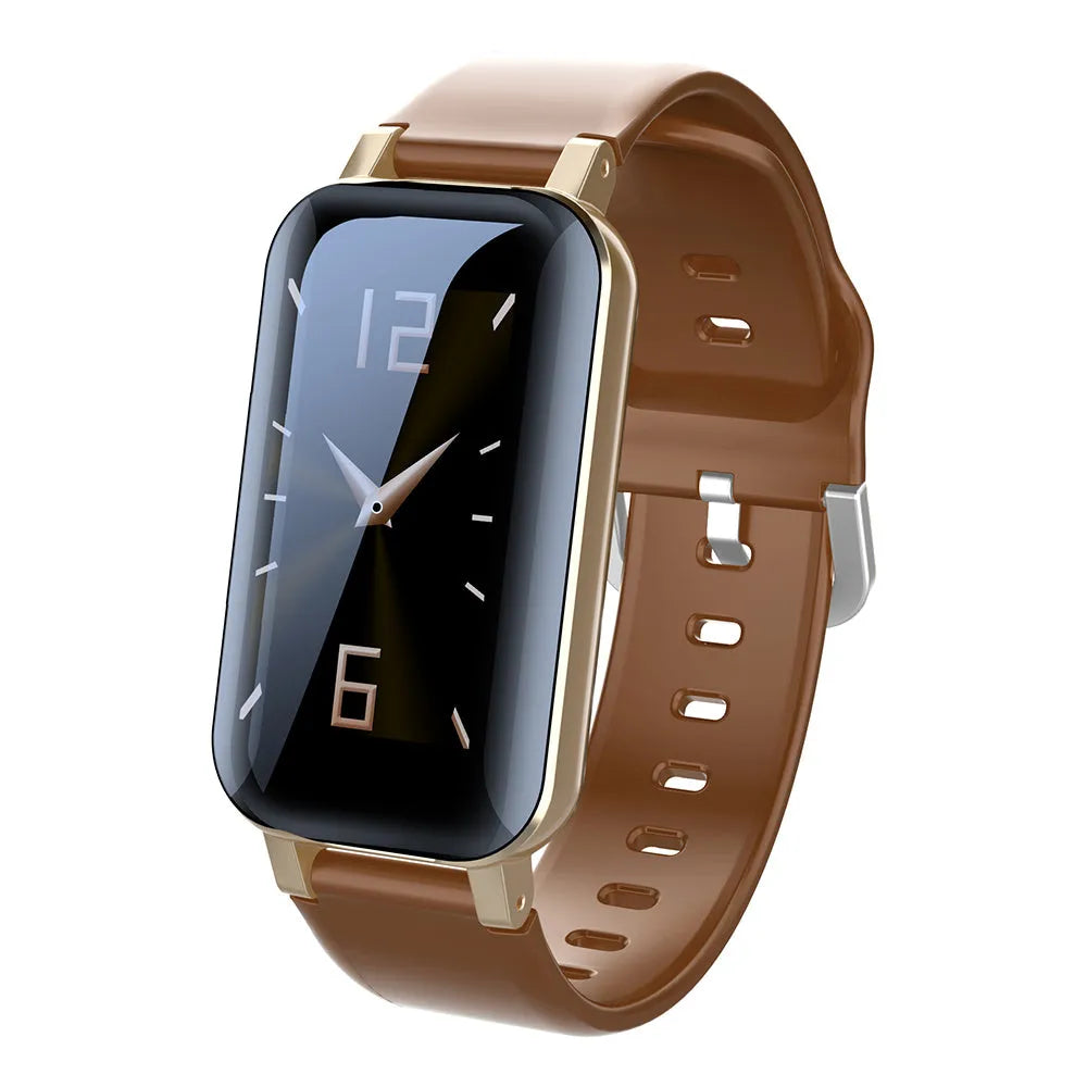 Call Bracelet smart fitness tracker in Black, Blue, and Coffee colours on a wrist.