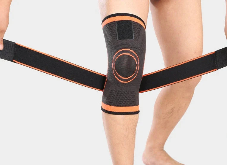 3D Sports Knee Pad in black, red, orange, and green with double beams for meniscus protection