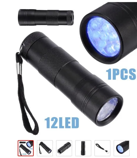 Black UV LED flashlight for counterfeit currency and document authentication